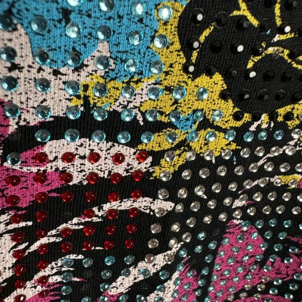 Guess Unisex Black Tee - shirt Floral Roses Rhinestones Size XL - Picture 4 of 7